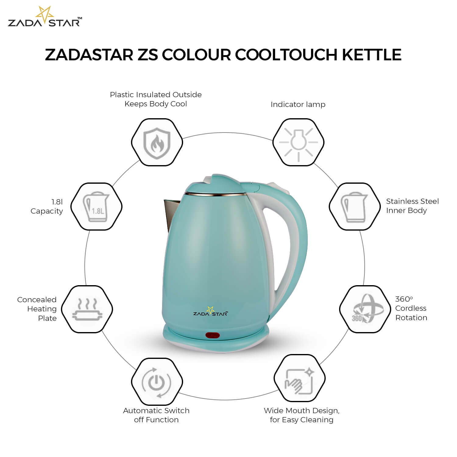 ZADASTAR 1.8L ZS COLOUR COOLTOUCH KETTLE