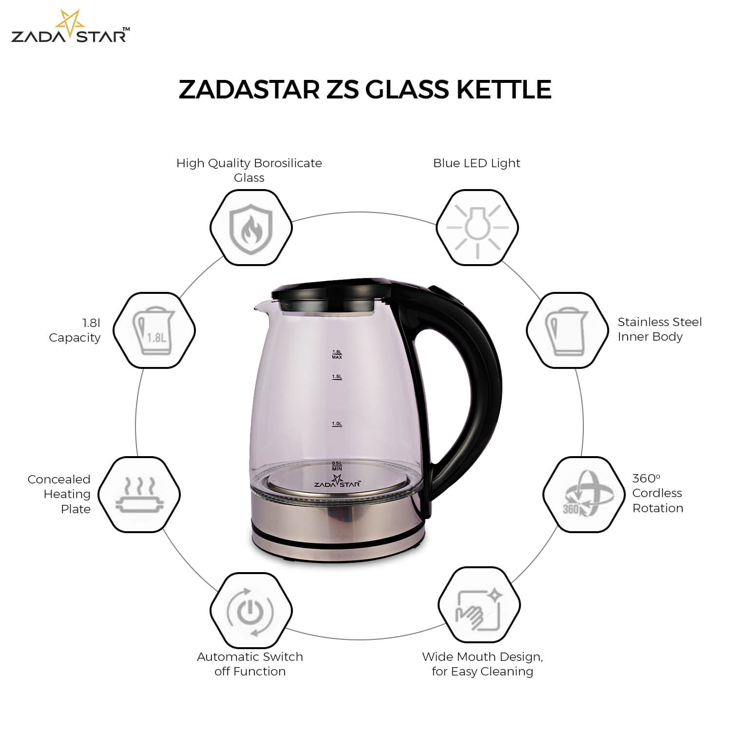 ZADASTAR 1.8L ZS GLASS KETTLE