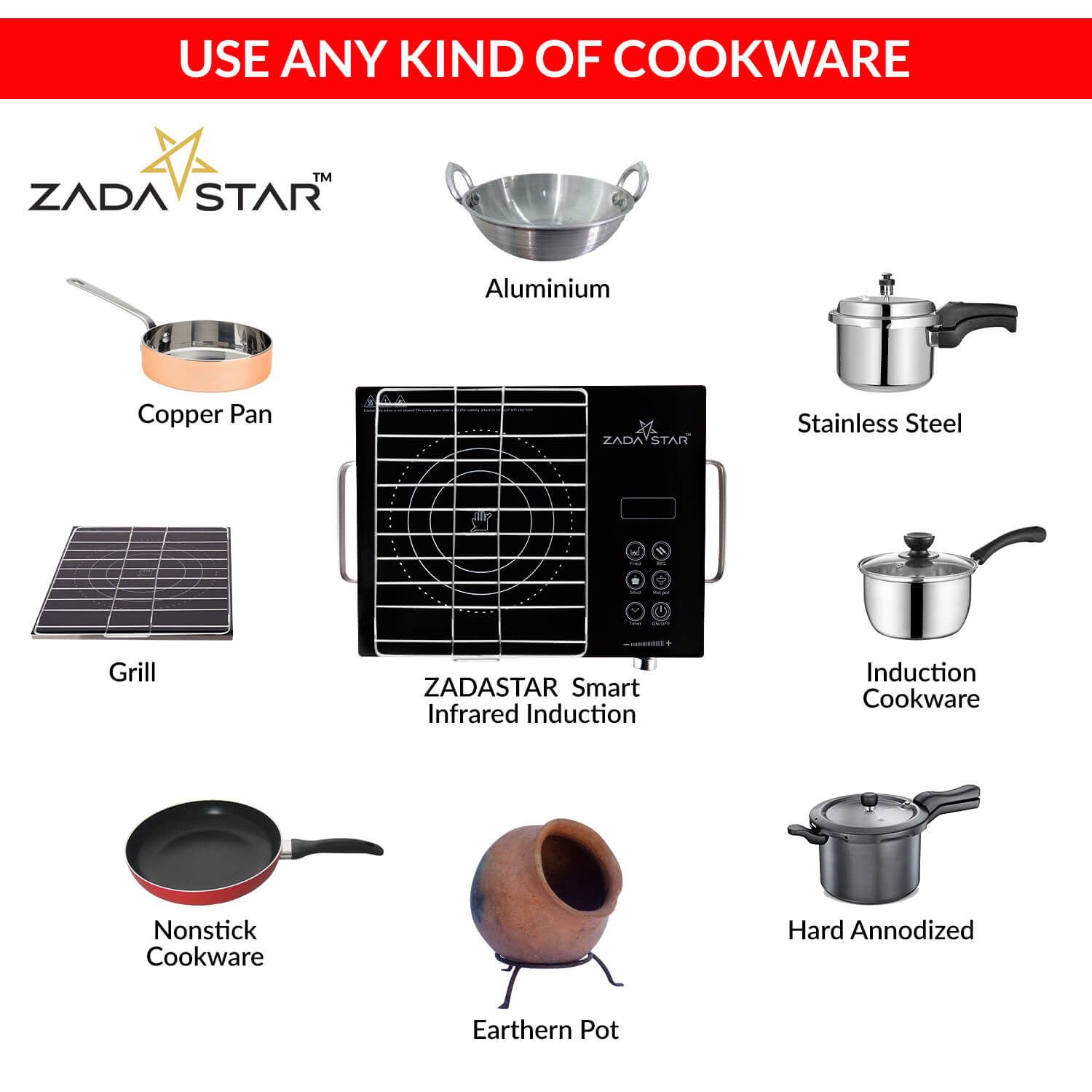 ZADASTAR ZS INFRARED COOKTOP WITH KNOB AND STAINLESS STEEL GRILL