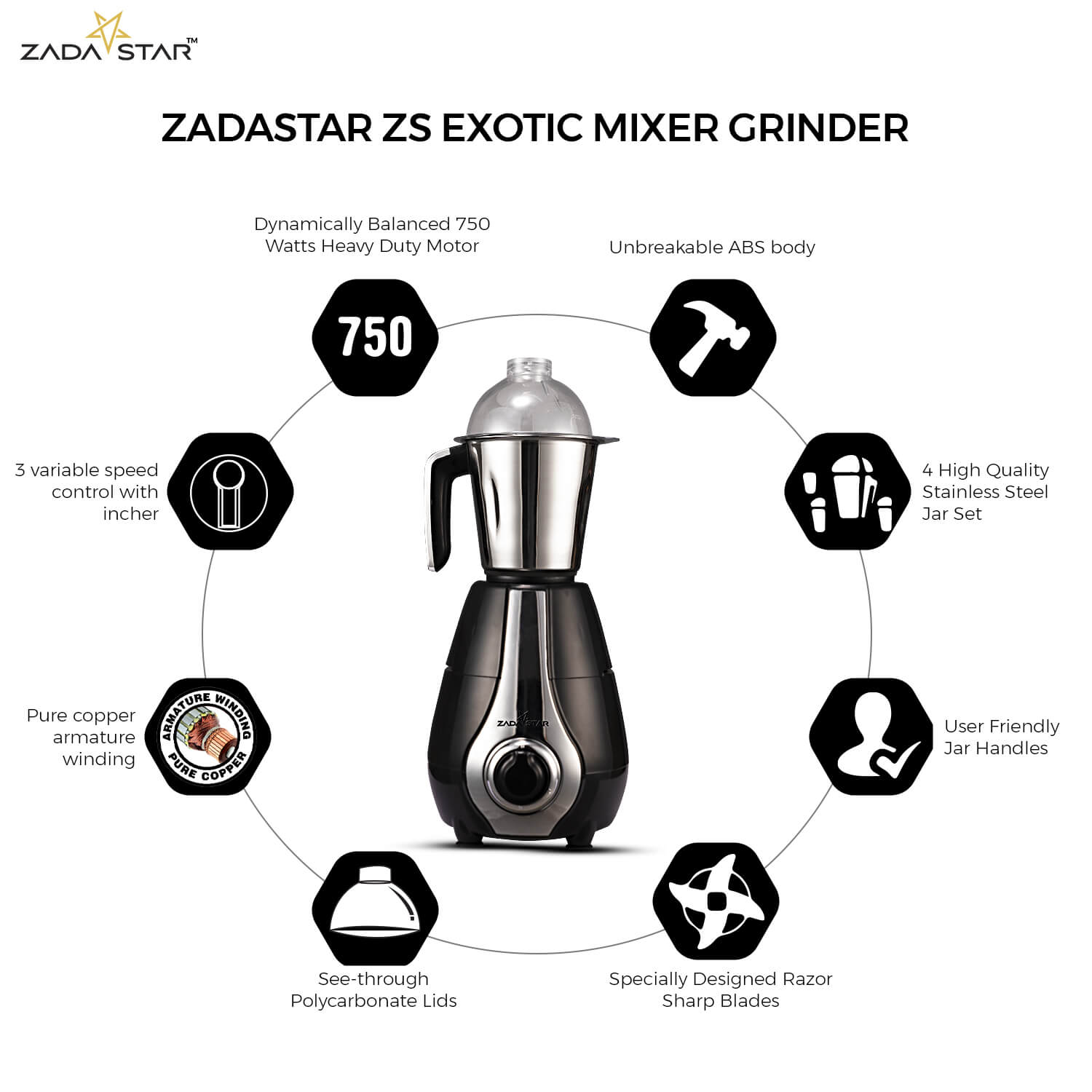 ZADASTAR ZS EXOTIC 750W JUICER MIXER GRINDER